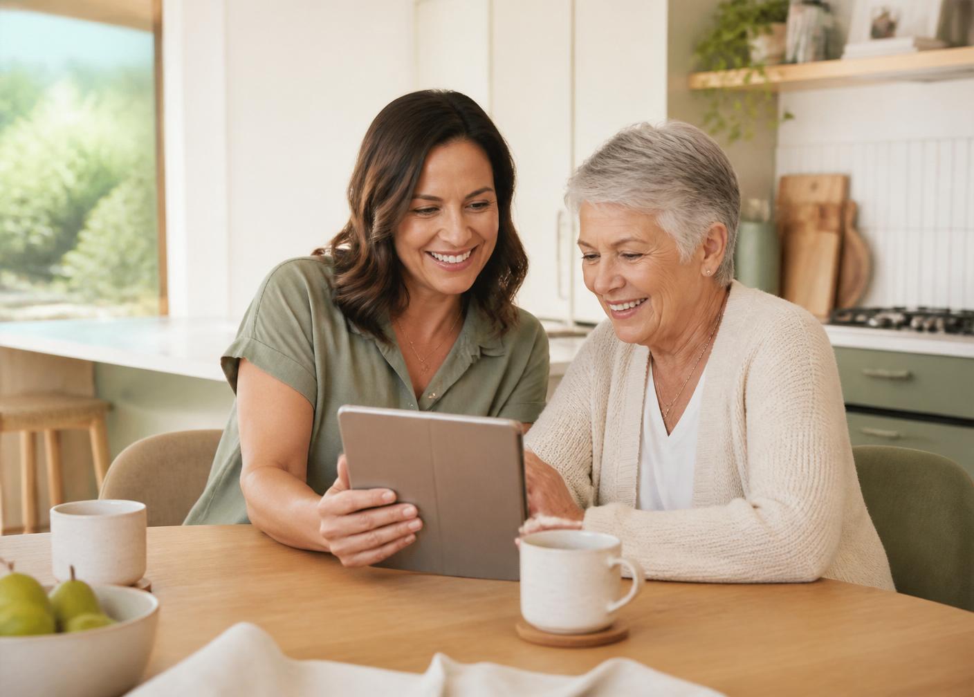 Adult daughter helping her mother review a downsizing plan on a tablet